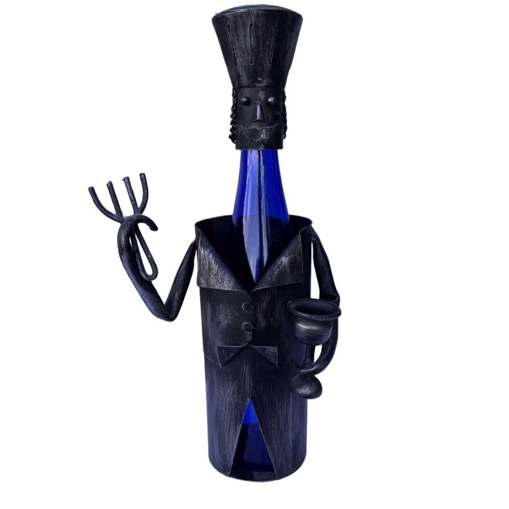 Metal Wine Bottle Caddy Chef with Fork and Chalice Silver Tone